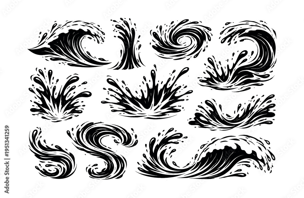 Fototapeta premium Black and white water splash set. Various liquid ink drops, waves, and abstract flowing patterns forming a dynamic collection