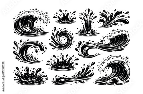 Water splashes and powerful ocean waves collection. Graphic elements showing different liquid shapes, a dynamic visual set