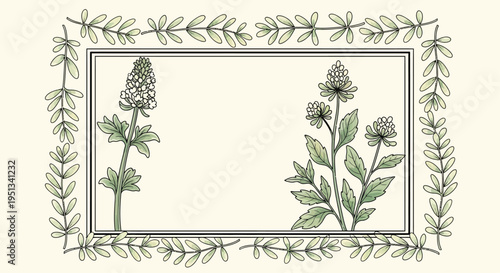 Decorative rectangular frame adorned with detailed illustrations of flowering herbs and surrounding leafy vines for elegant stationery.