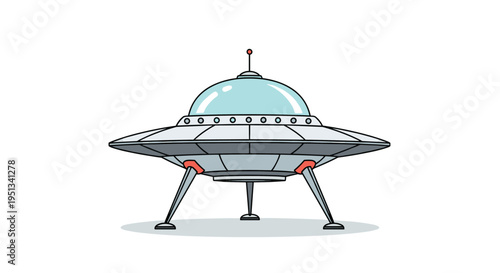 Classic metallic flying saucer ufo with a glass dome and landing gear isolated on a plain white background surface.