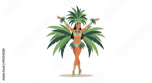Beautiful woman performing in a vibrant green carnival costume decorated with large tropical feathers and ornaments.