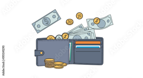 Open blue leather wallet overflowing with dollar bills and gold coins representing wealth and financial success.