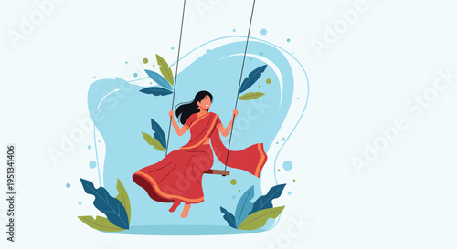 Graceful woman wearing a traditional red sari sitting on a swing surrounded by abstract blue and green leaves.