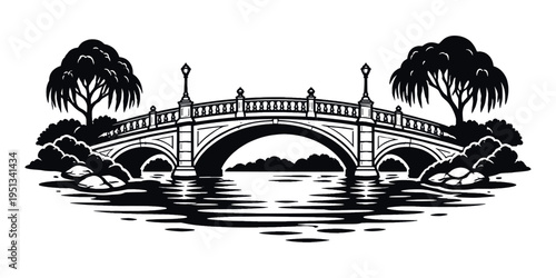 Elegant park bridge with arches spanning a calm lake, featuring decorative railings, street lamps, and lush trees