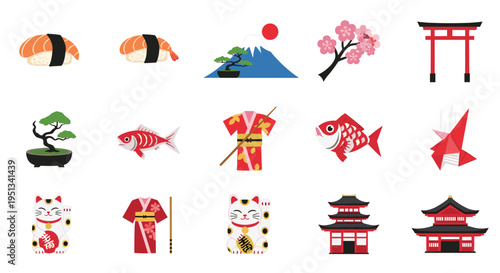 Extensive set of japanese cultural symbols including sushi, mount fuji, cherry blossoms, and traditional temples.