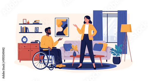 Man in a wheelchair engaged in a serious conversation with a woman standing in a modern home living room.