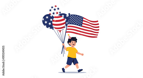 Young boy walking happily while holding a bunch of patriotic balloons and a waving american flag on a white surface.