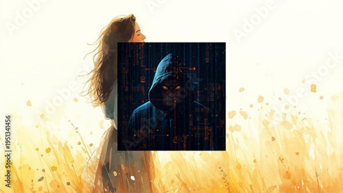 Woman in hooded jacket standing in sunny field with overlay portrait
