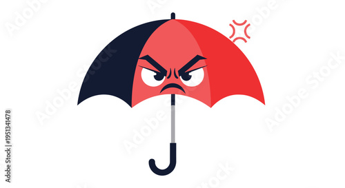 Cartoon character umbrella with an angry facial expression featuring dark eyebrows and a frowning mouth on a white background.