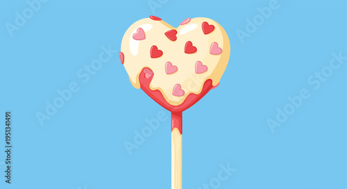 Heart shaped red lollipop covered with white chocolate icing and small pink and red decorative hearts on blue.