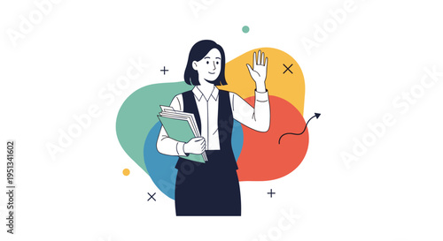 Professional businesswoman holding a folder and waving her hand against a background of colorful abstract shapes.