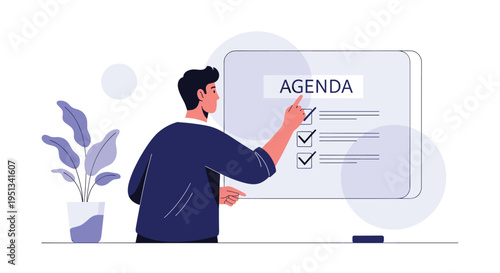 Man pointing at a digital agenda screen with a checklist to organize his daily tasks and schedule in a modern office.