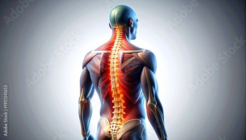 Anatomical illustration of human back showing spine and muscles, detailed posterior view with red and blue tones.