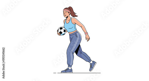 Athletic woman in sports clothing carrying a soccer ball while walking and preparing for a daily practice session.