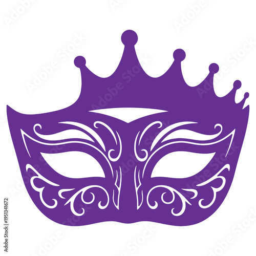 Purple masquerade mask with crown and ornate designs on it isolated on transparent background