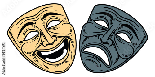 Comedy and Tragedy Theater Masks on White Background.