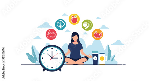 Woman meditating in a lotus pose surrounded by healthy food icons and a large alarm clock representing wellness.