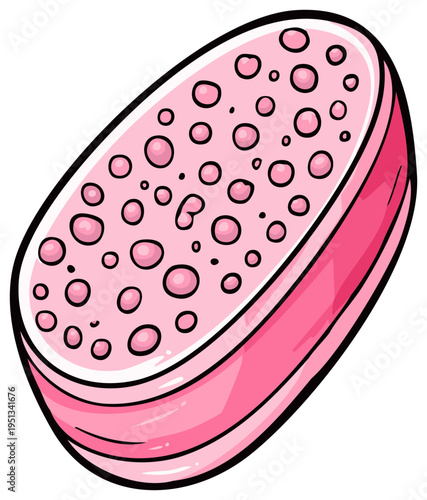 Cartoon illustration of a pink bath sponge with bubbles and black outline for spa and cleanliness.