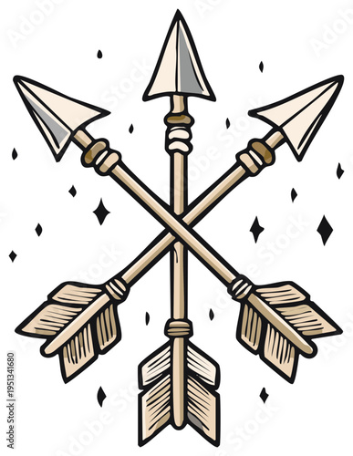 Three crossed arrows design with stars, tribal or medieval look, vintage symbol or insignia concept