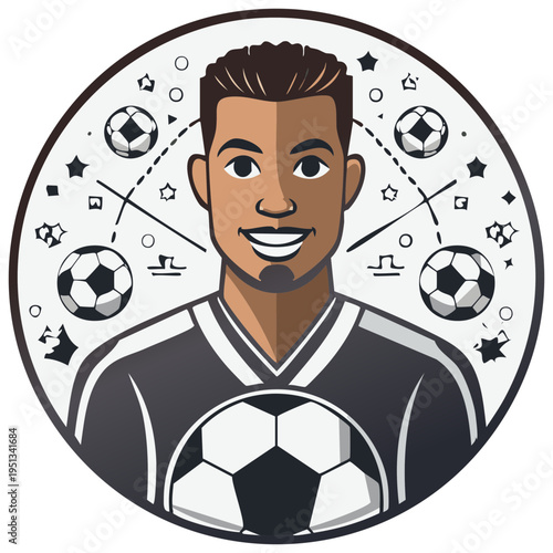 Smiling male soccer player character with footballs stars and abstract lines in a round emblem graphic
