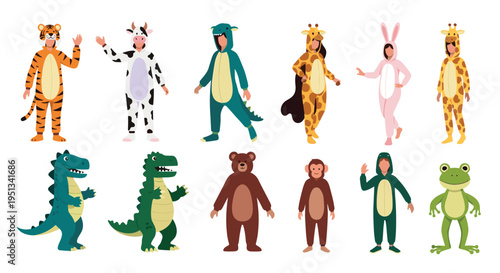 Diverse group of people and mascots wearing funny animal onesie costumes including tigers, cows, and dinosaurs.