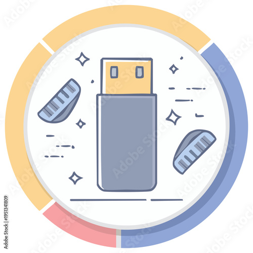 Modern line art icon of a sparkling USB flash drive for data transfer in a colorful circular frame.
