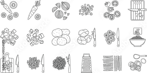 Food Preparation and Vegetable Cutting Icon Set with Slicing, Chopping, Grating, Cooking Ingredients and Kitchen Process Illustration Collection