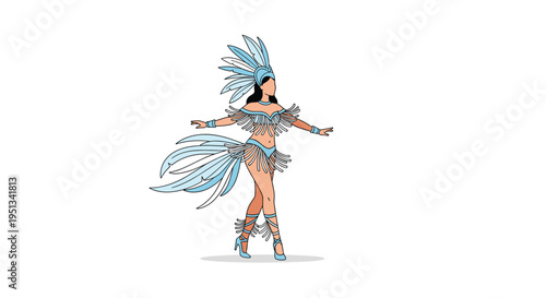 Woman performing in a stunning light blue carnival costume featuring large feathers and decorative silver details.