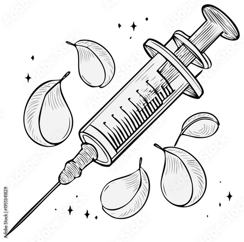 Hand drawn syringe injection with botanical leaves concept for natural medicine