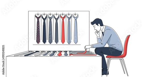 Man sitting at a desk and thoughtfully choosing a tie from a large collection displayed in front of him in a store.