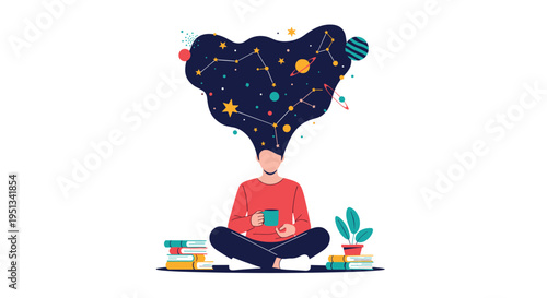 Person meditating with a vast galaxy and shining constellations forming in their long dark hair on a white surface.