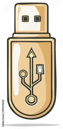 Illustrated USB flash drive with universal serial bus symbol, data storage concept.