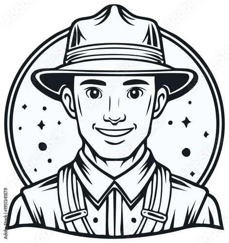 Smiling Young Man Wearing Overalls and Hat in Black and White Line Art Design