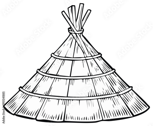 Hand Drawn Asian Style Conical Straw Hat With Binding Detail