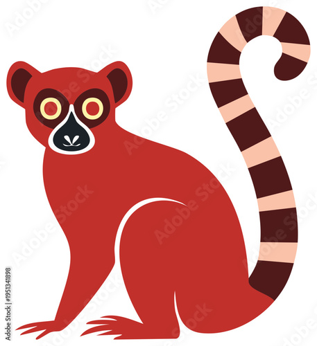 Stylized Red Ruffed Lemur Sitting with Striped Tail Graphic Illustration