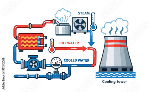 Industrial water cooling system schematic showing thermal energy exchange from hot water to steam and then to a cooling tower