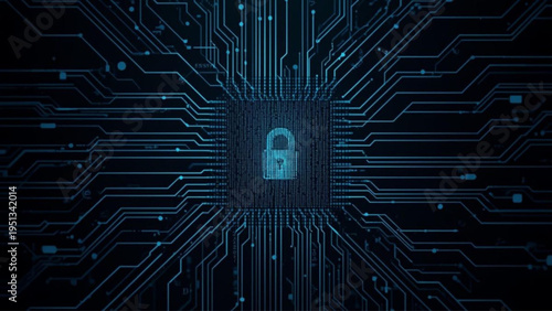 Secure digital circuit board with glowing blue padlock and cybernetic background