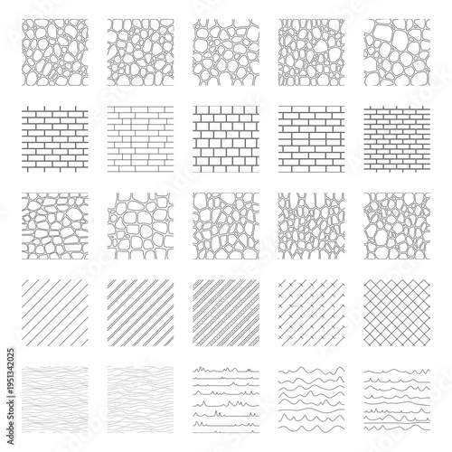 Landscape Architecture CAD Vector Patterns Set. Grass, Water, Stone, Wall, and Texture Elements