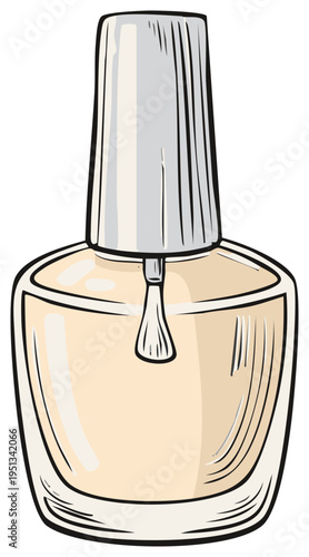 Cartoon drawing of a beige nude nail polish bottle and brush essential for beauty and manicure