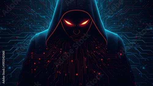 Hooded figure with glowing red eyes in dark cyberpunk setting with circuit board background