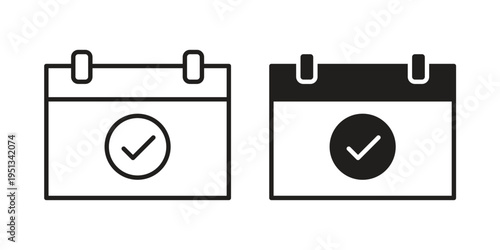 Check in calendar icon set. outlined and solid flat clipart versions.