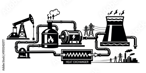 Energy production process illustration showing an oil pump jack, boiler, generator, heat exchanger, cooling tower, and factories