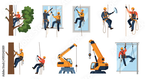 Collection of industrial workers in safety gear performing high-altitude tasks like tree trimming, window cleaning, and crane operation.
