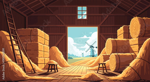 Interior of a rustic wooden barn is filled with golden hay bales and features a view of windmills across a sunny farm landscape.