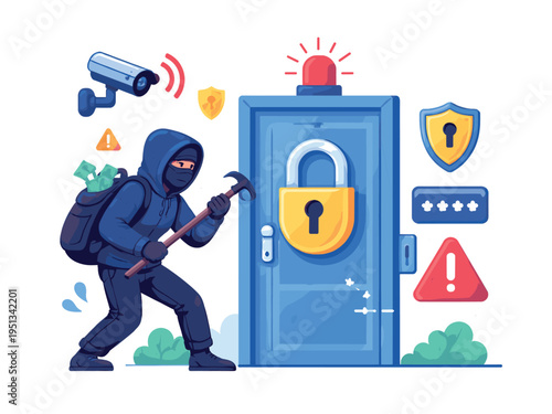 Masked burglar using a crowbar to force open a locked door, illustrating cybersecurity, home security, and data protection concepts
