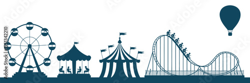 Amusement park silhouette, theme park attractions, Ferris wheel, carousel, roller coaster, carnival tent, fun fair entertainment, vector illustration