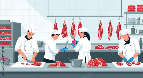 Group of professional butchers in white uniforms works in a clean kitchen processing and cutting various pieces of red meat.
