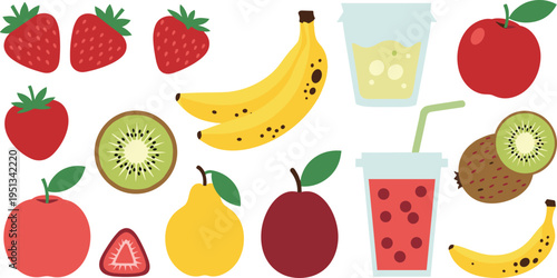 Fresh Fruits and Juice Icons Set with Strawberries, Bananas, Apples, Kiwi, Pears, and Smoothies Vector Illustration