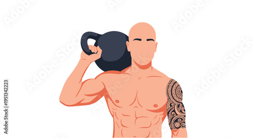 Muscular bald man with a tribal tattoo on his arm holds a heavy black kettlebell on his shoulder for a strength training workout.