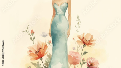 Woman in elegant blue dress standing among colorful flowers sweetheart neckline formal event floral arrangement